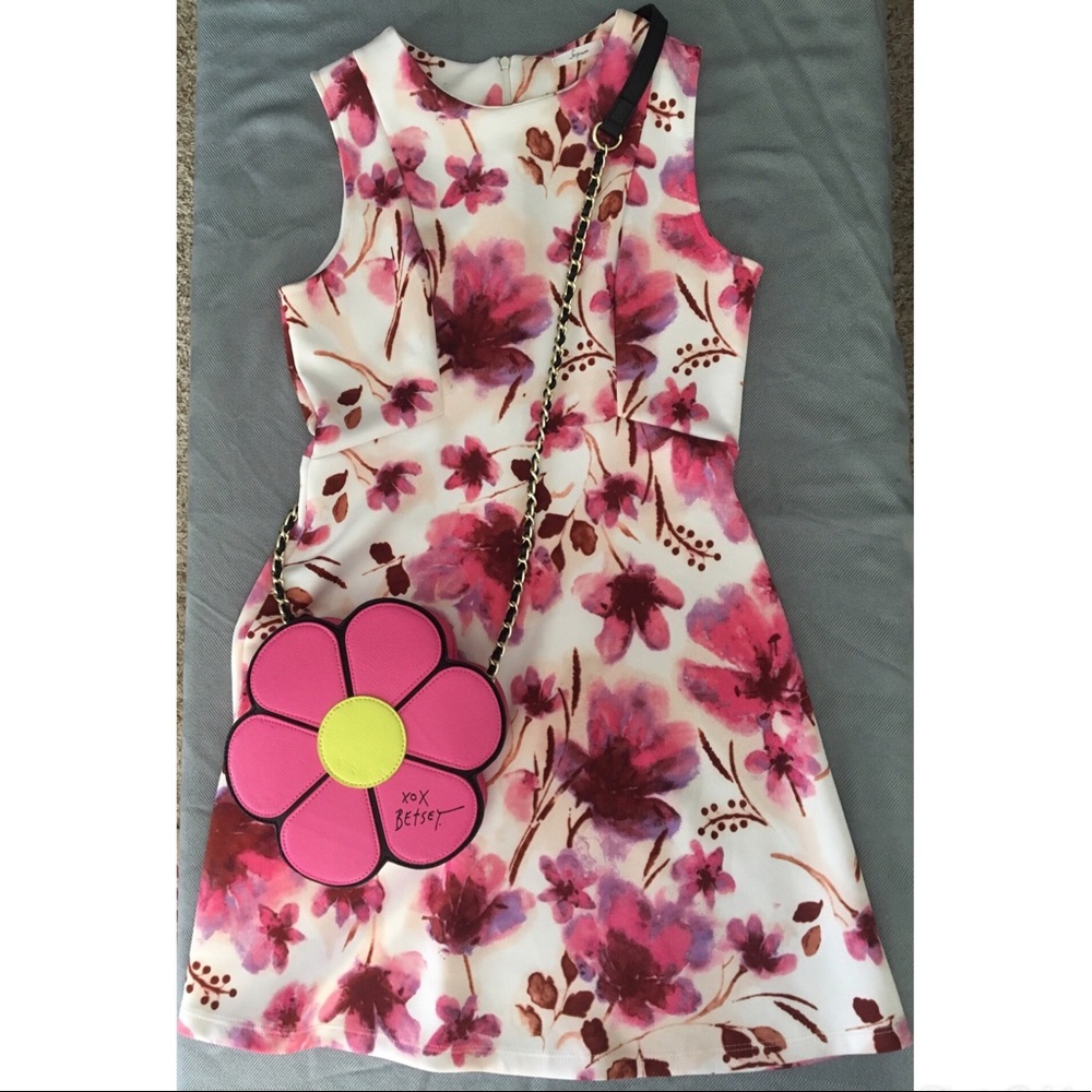 Soprano Cream & Pink Ponte Knit Fit & Flare Dress w/ Watercolor Floral Print